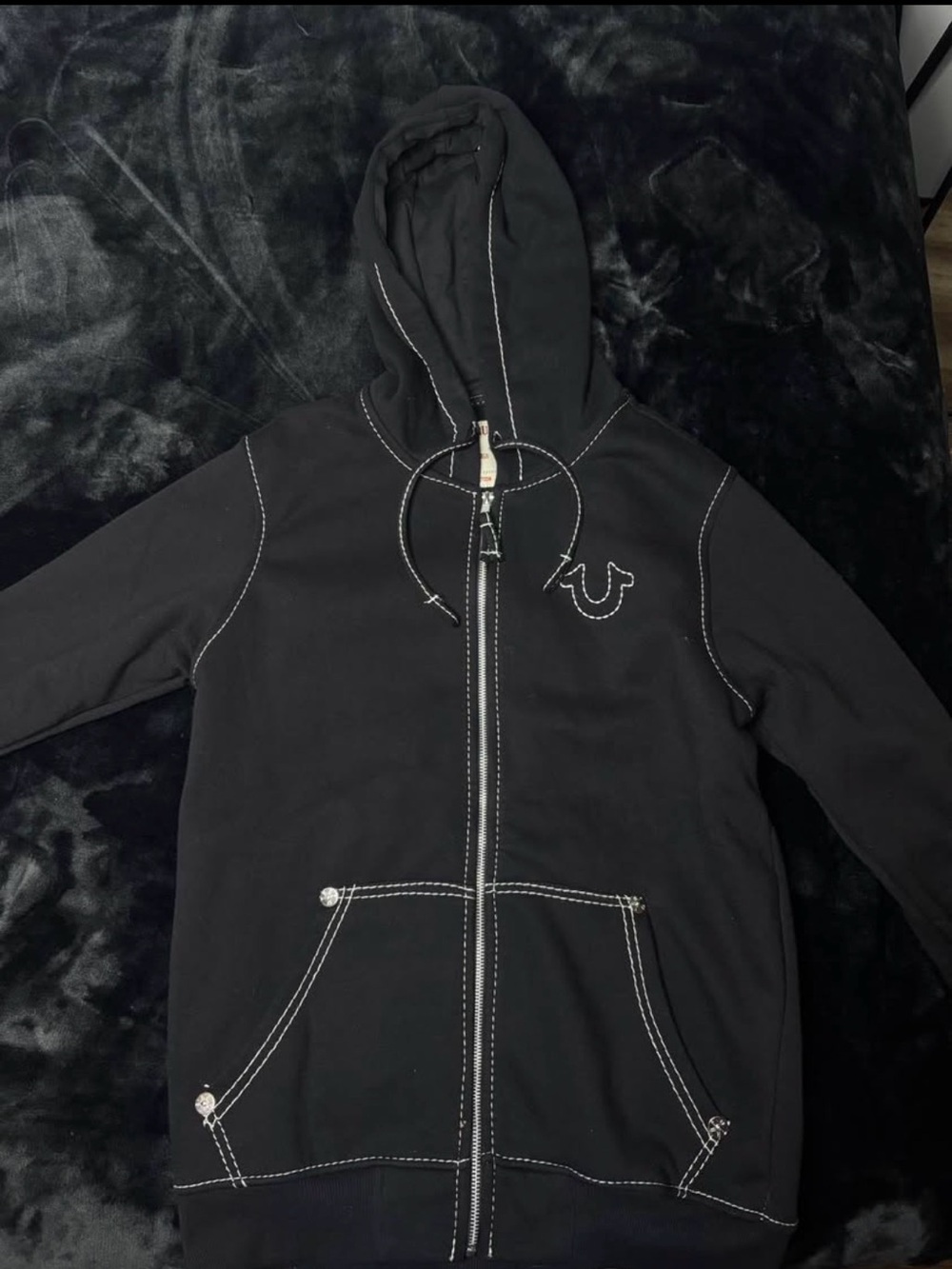 True Religion Black Hoodie with White Graphic Back Print